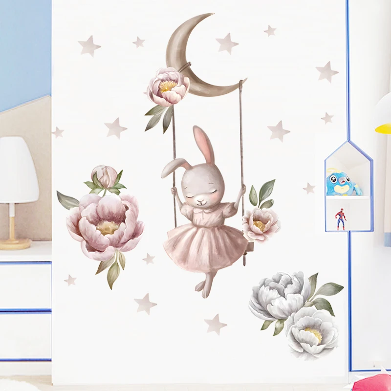 A Cute Rabbit Swinging On The Swing For Kids Rooms Wall Sticker Broken Wall Poster Art Decals Kids Room Decor baby Favor