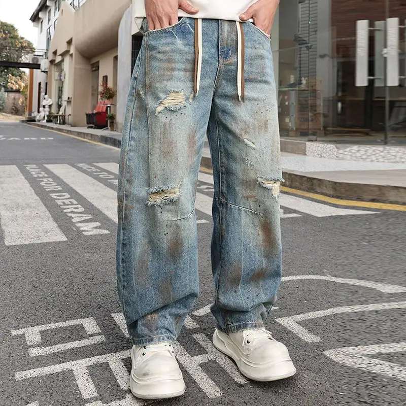 

2025 Spring Hand Painted Ripped Jeans Men WIde Leg Loosen Fit Denim Trousers For Male