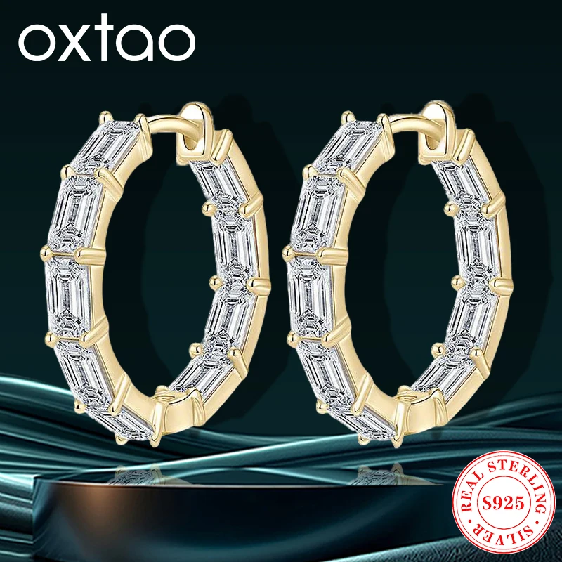 

OXTAO Emerald Cut Moissanite Hoop Earrings For Women Original 925 Sterling Silver Needle Piercing Huggie Earrings Party Jewelry