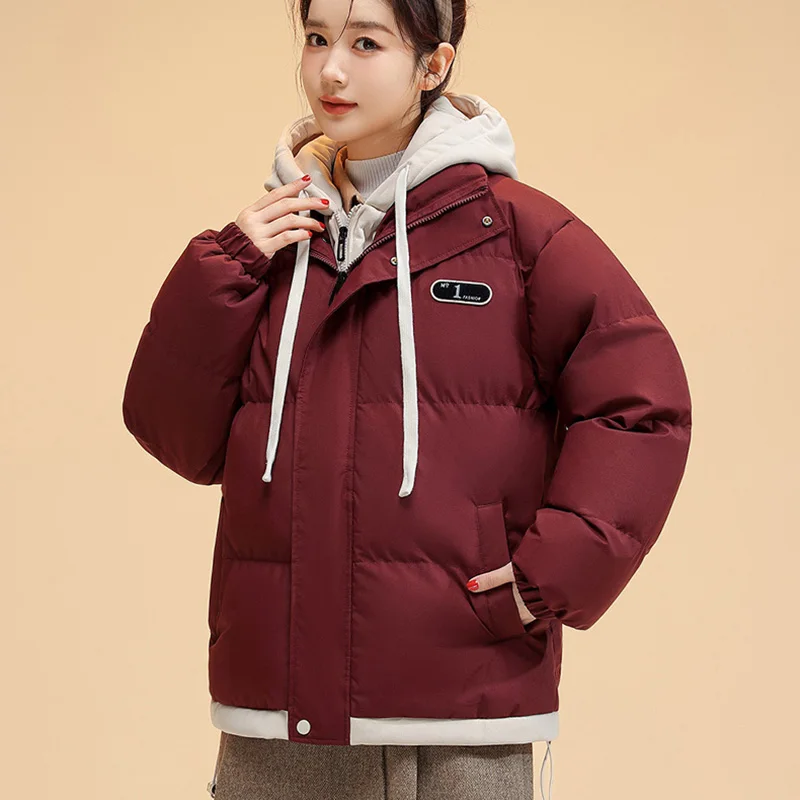 Winter New Parkas Women Korean Fashion Casual All Match Loose Fake Two Pieces Hooded Down Coats Female Thick Warm Outerwear