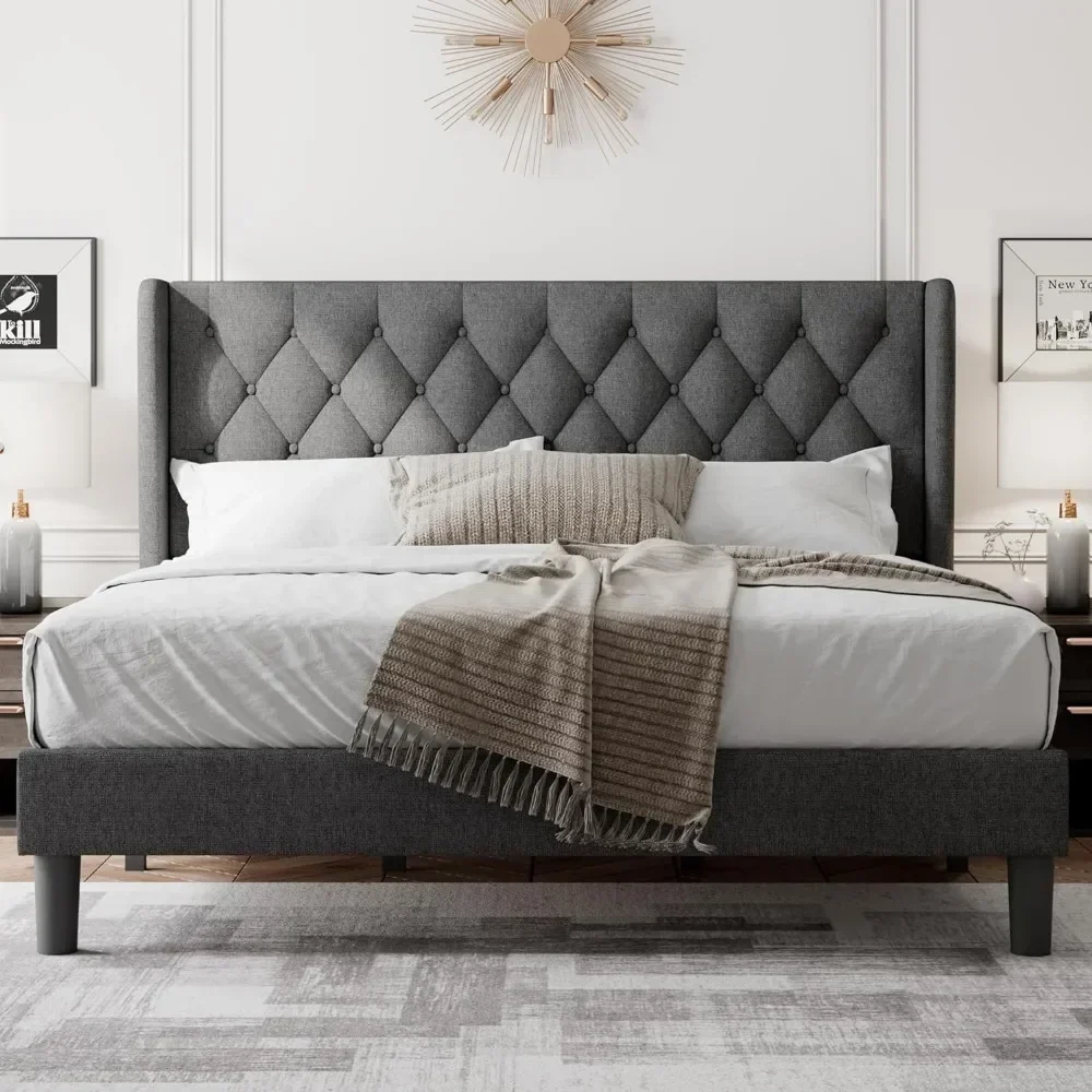 Bed Frame with Wing Back, Padded Platform Bed with Diamond Tufted Headboard, Heavy-duty Bed Frame, Easy To Assemble