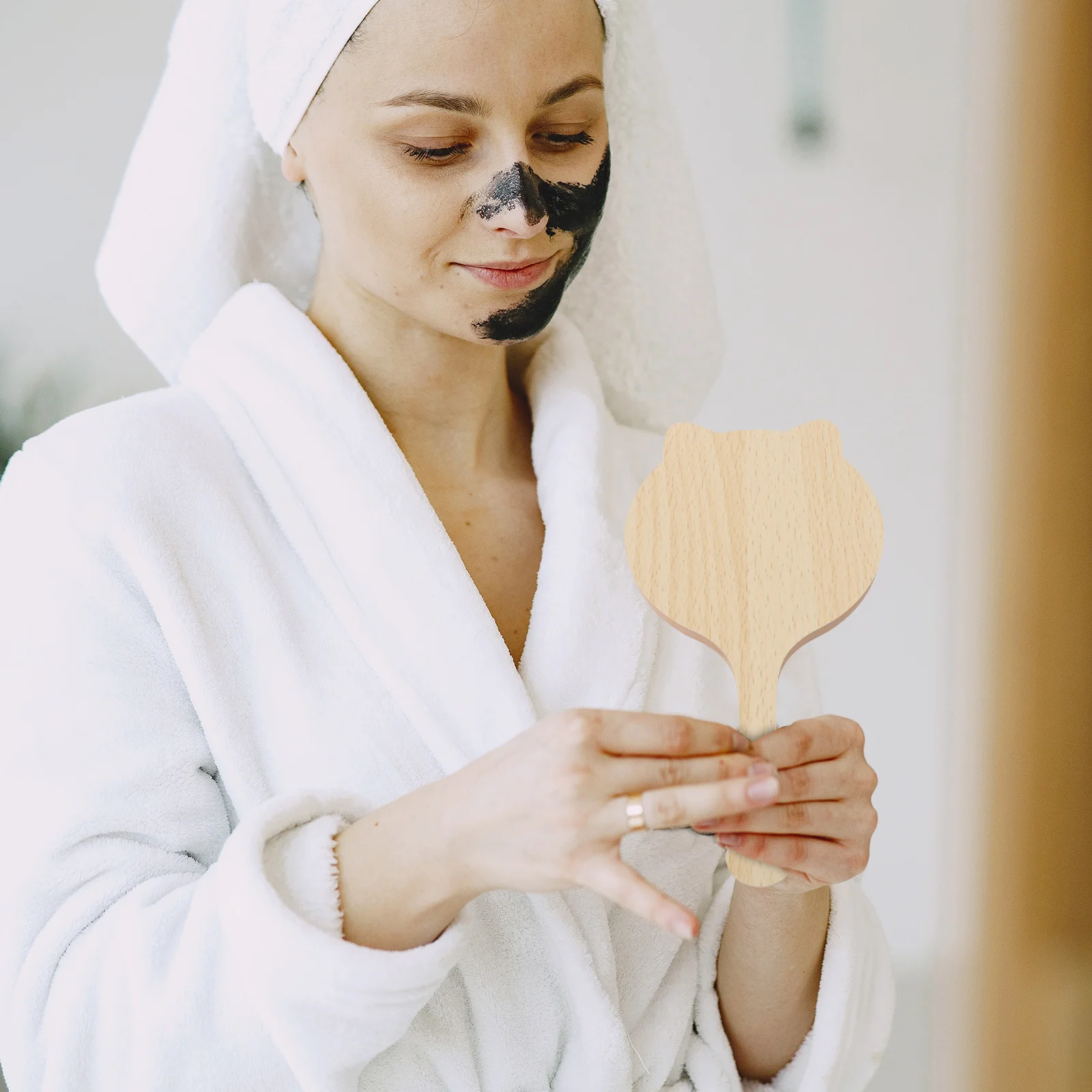 Kreativer hölzerner Handspiegel mit Katzenohr-Design, tragbares Make-up-Werkzeug für Mädchen und Frauen, Handspiegel-Make-up-Werkzeug