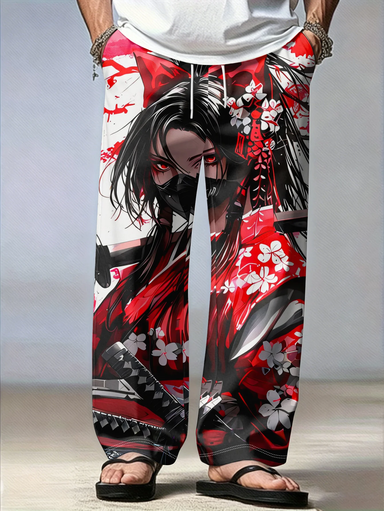 Men Floral Masked Swordswoman Print Drapey Drawstring Trousers, Alternative Street Fashion, From Weekend Trips Evening Strolls