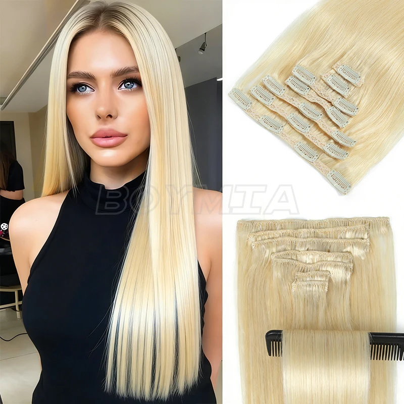 

Накладные пряди для волос на заколках, блонд, натуральные, 14-22 дюйма, густые, с полными концами, мягкие, прямые, двойная тесьма, настоящие волосы Реми, 70-100 г