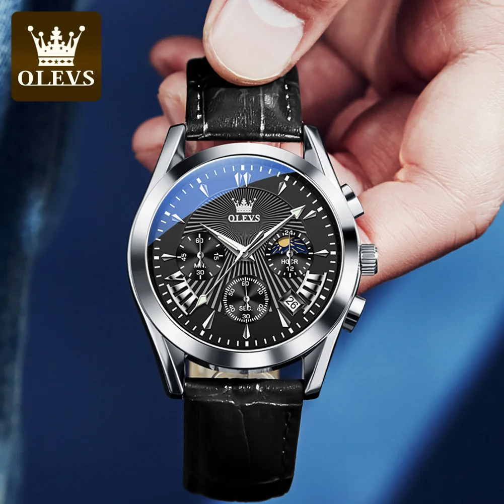 OLEVS 2876 Genuine Leather Strap Quartz Watcges for Men Waterproof Chronograph Moon Phase Auto Date Luxury Top Men\'s Wrist Clock