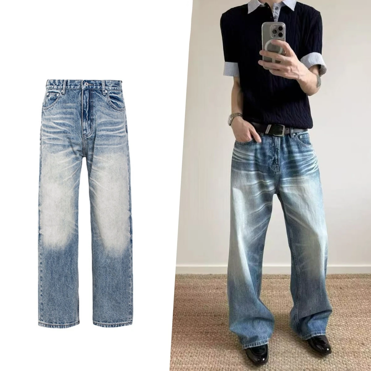 Men's summer pants baggy pants Y2K Snowflake patterned light blue washed distressed straight leg jeans