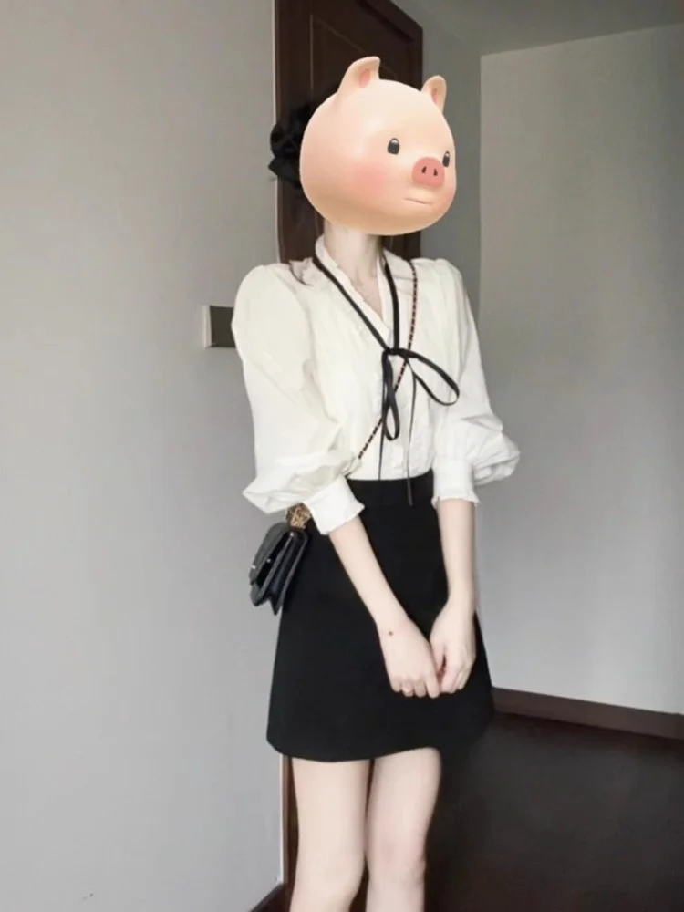 

Белая женская блузка с V-образным вырезом и узлом, новинка, элегантная, модная, немнущаяся, для узкого круга покупателей