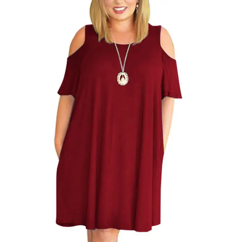 Vestido sólido casual solto fora do ombro feminino, roupas femininas, tamanhos grandes, mãe gorda, verão