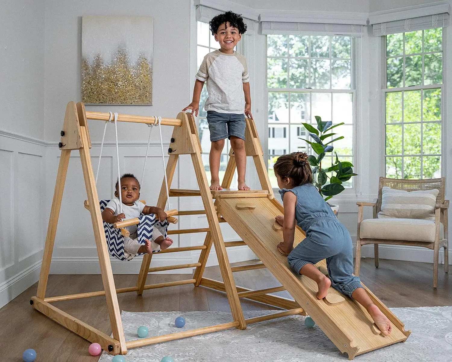 

4-in-1 Juniper Indoor Play Gym - Jungle Gym Playset with Baby Swing, Slide, Ladder, and Climbing Wall - Foldable Wooden Playset