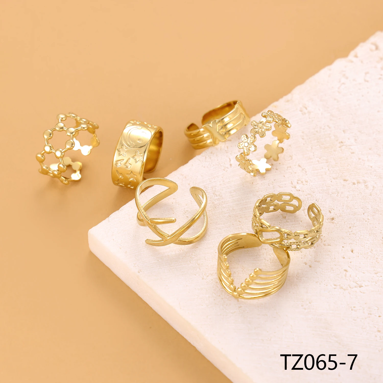 Hollow Flower Trendy Geometric Stainless Steel Gold Plated Finger V Shape Open Ring Set For Women Fashion Jewelry