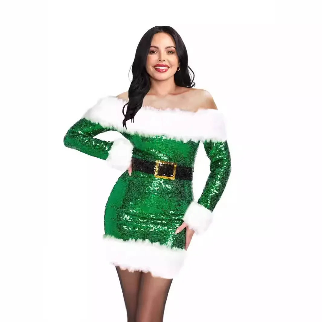 Christmas Sequin Dress for Women Off Shoulder Santa Costume Long Sleeve Mini Party Dress Red Green Cosplay Outfit with Belt