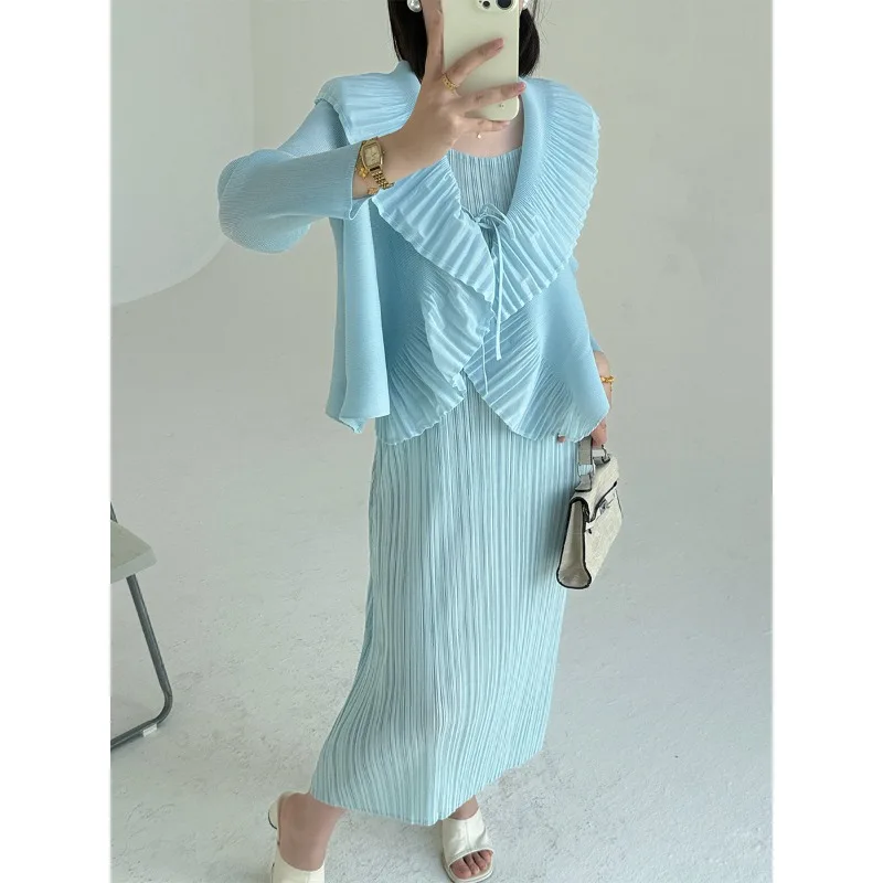 

Miyake Women's Tops Coat 2026 New Peplum Pleated Cardigan Lapel Jacket Vest Camisole Skirt Skinny Stretch 2 Piece Dresses Set