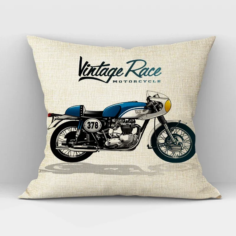 Vintage Motorcycle Print Cushion Cover Beige 45x45cm Throw Pillow Case for Home Decor Pillow Case