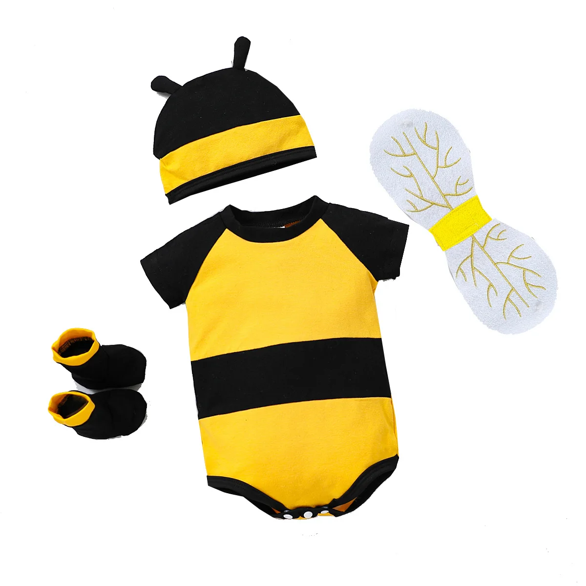 Baby Boys Girls Cosplay Honeybee Bee Costume Bodysuit Hat Wings Socks Set Birthday Photography Carnival Fancy Dress Up Party