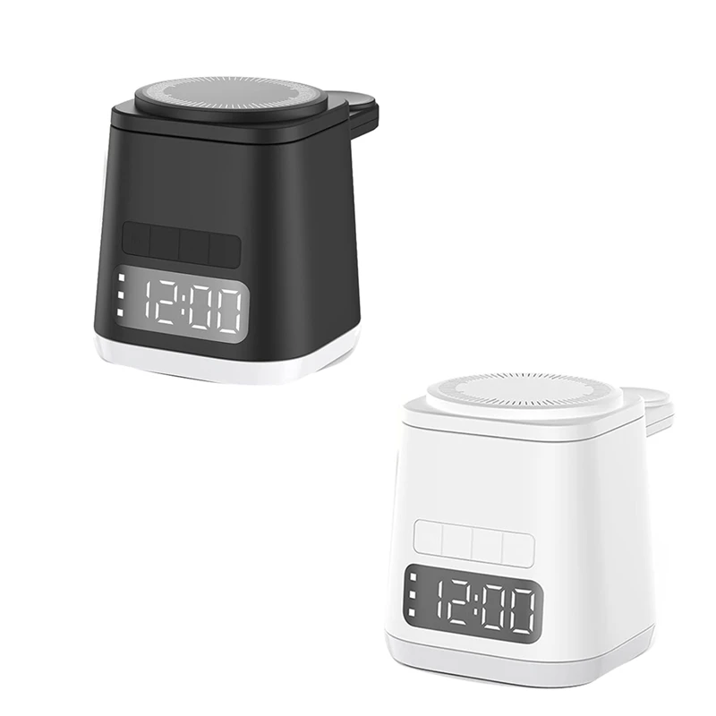 

Black 3-In-1 Charging Dock: Alarm Clock, Night Light & Wireless Phone Watch Charger Stand