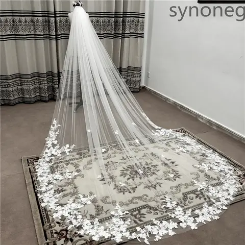 Long White Wedding Veil with Lace Edge synoneke