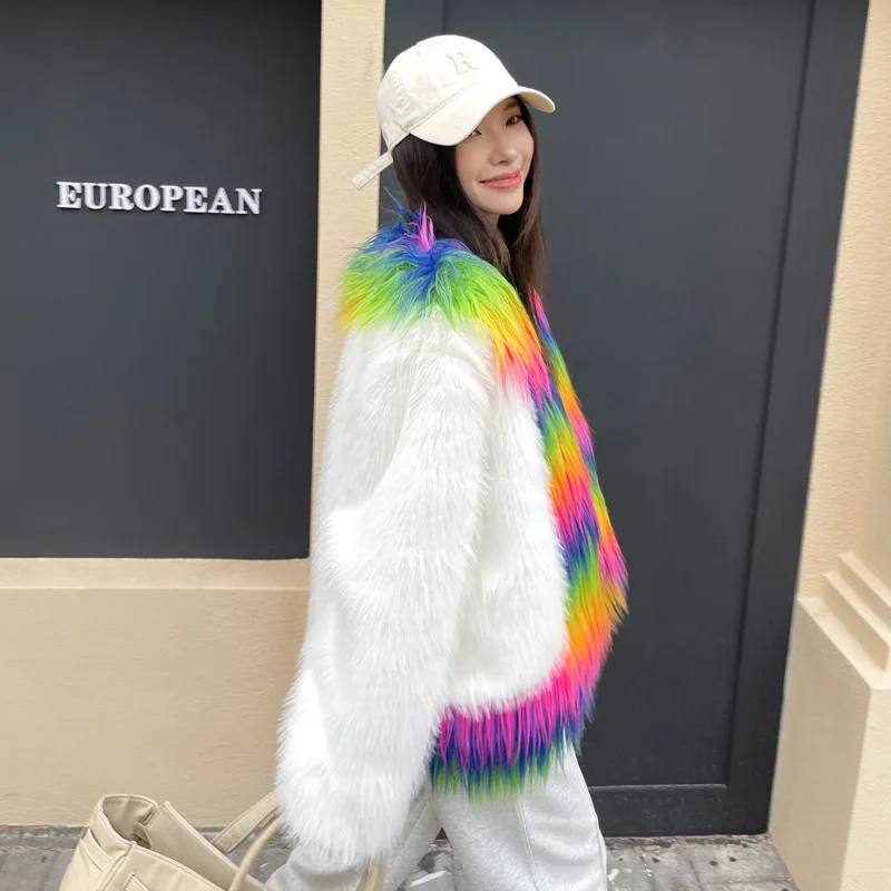 2026 Autumn Winter New Faux Fur Coat Rainbow Fur Festival Patchwork White Toka Dress Fur Coat  Winter White Coat Women