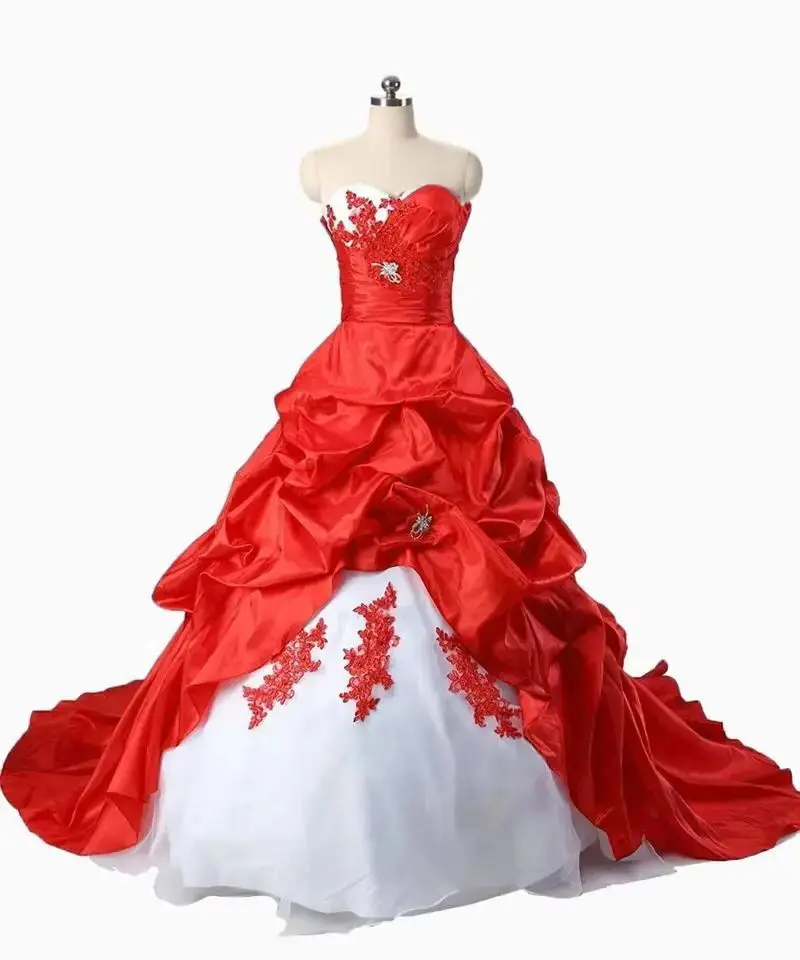 Vintage White And Red Ball Gown Wedding Dress For Women Appliques Lace Ruched Train Plus Size Lace-up Long Corset Bridal Dresses