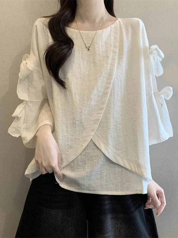 

3D Knot Shoulder Bared Shirt Women's plus Size Loose Fit Korean Style Commute Fashion Summer New Arrival Sleeve Len...