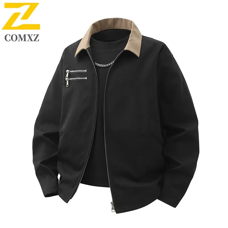 COMXZ 2025 Mens Japanese Vintage Workwear Jacket Zip Detail Casual Coat