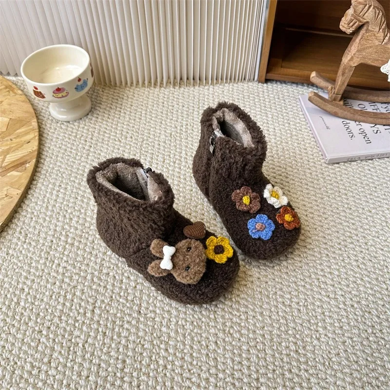 

New Winter Cute Girls Plush Boots Short Outdoor Fashion Flower Children Ankle Boots Warm Furry Kids Princess Sweet Cotton Boots