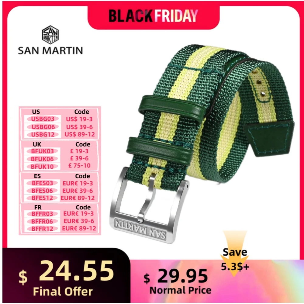 San Martin One Piece Watchband 20mm Leather Nylon Strap Pin Buckle One Piece Contrast Color Band Fashion ремешок Correa SN0116