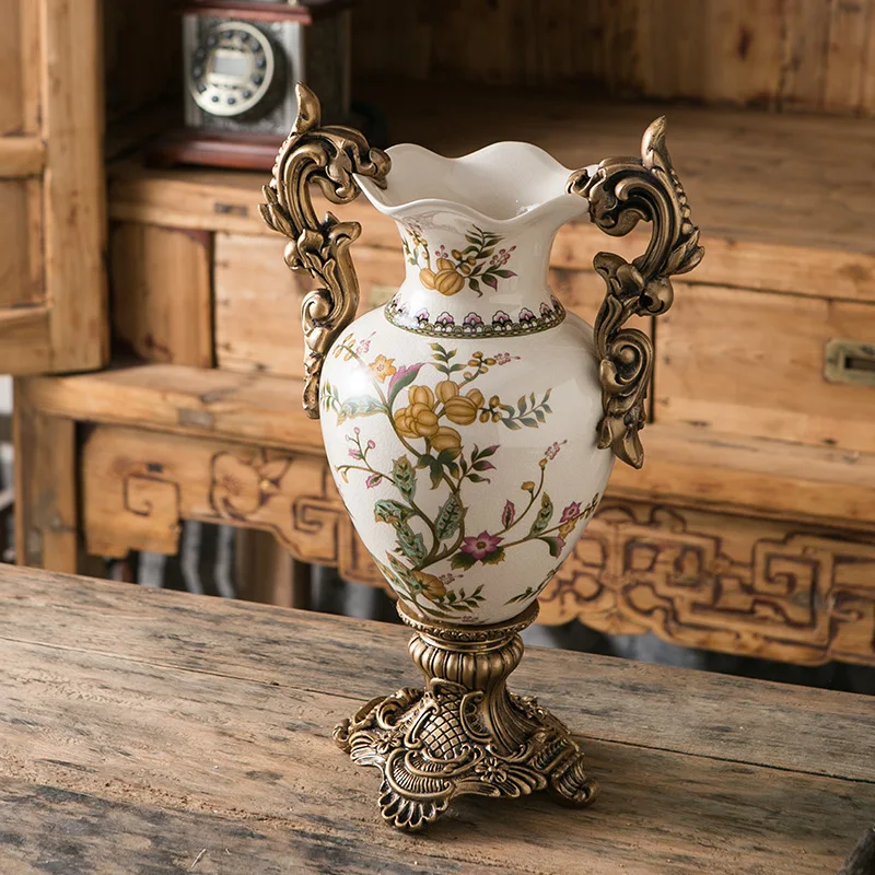 Creative European Trophy Shaped Floor Ceramic Vase Crafts  Vintage Home Decorative Vase Tabletop Vase with Two Handles