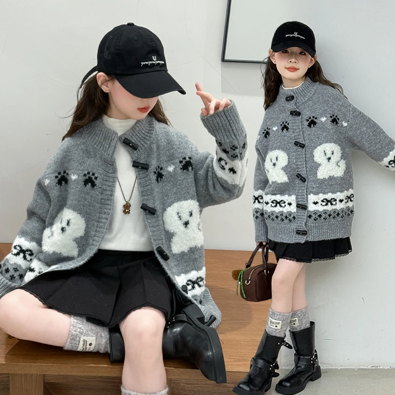 

Kid Sweater 4-14Y Baby Girl Casual Fashion Spring&Autumn Cartoon Dog Cardigan Tween Vintage Outfit Child Korean Style Knitted