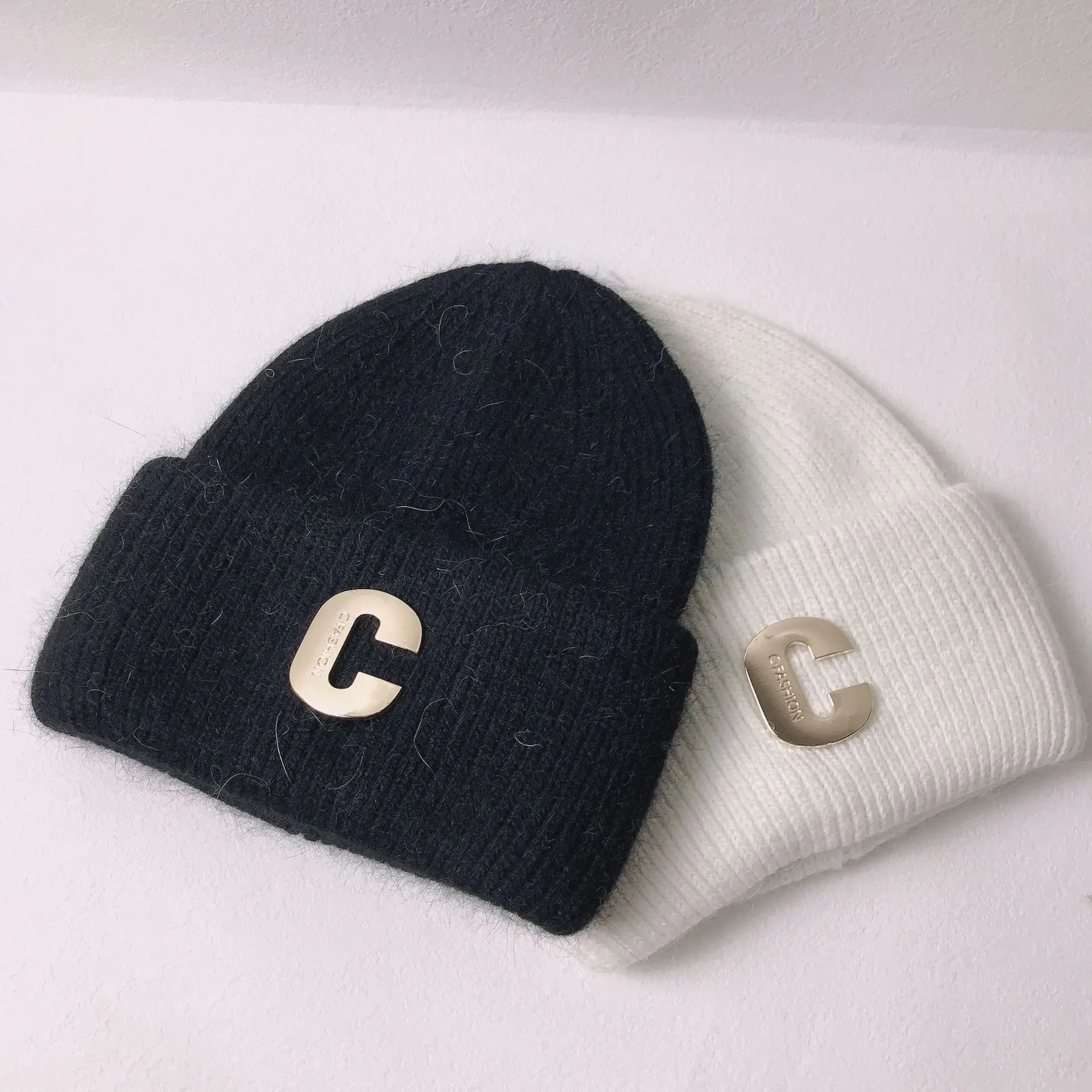 Autumn and winter soft glutinous rabbit wool knitted hat thickened and upgraded double folding hat pullover hat C wool hat