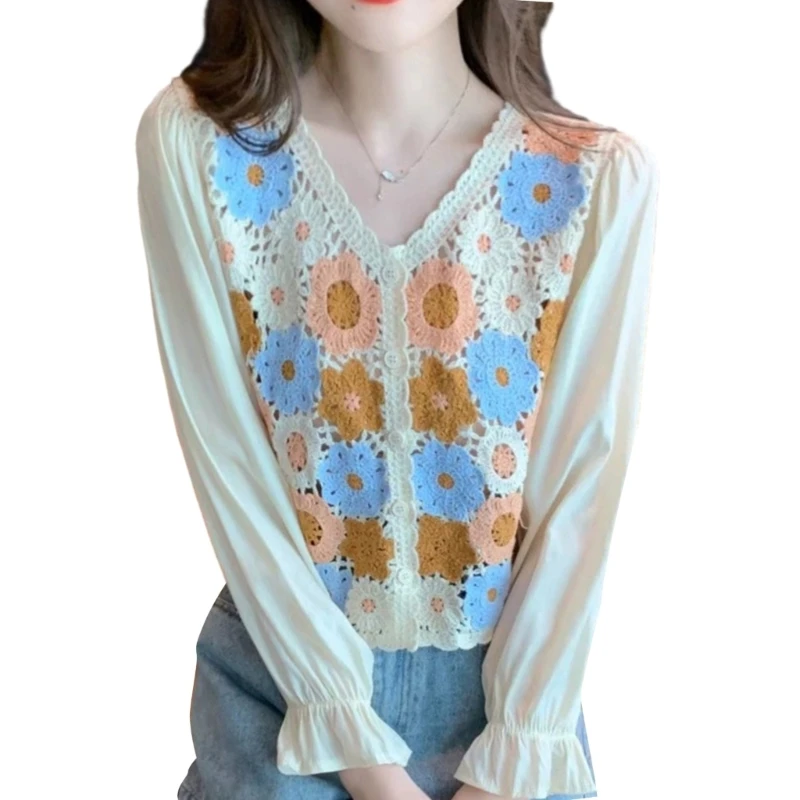 Women Long Sleeve Button Down T-Shirts Sweet Knitted Crochet Open Front Cardigan Dropship