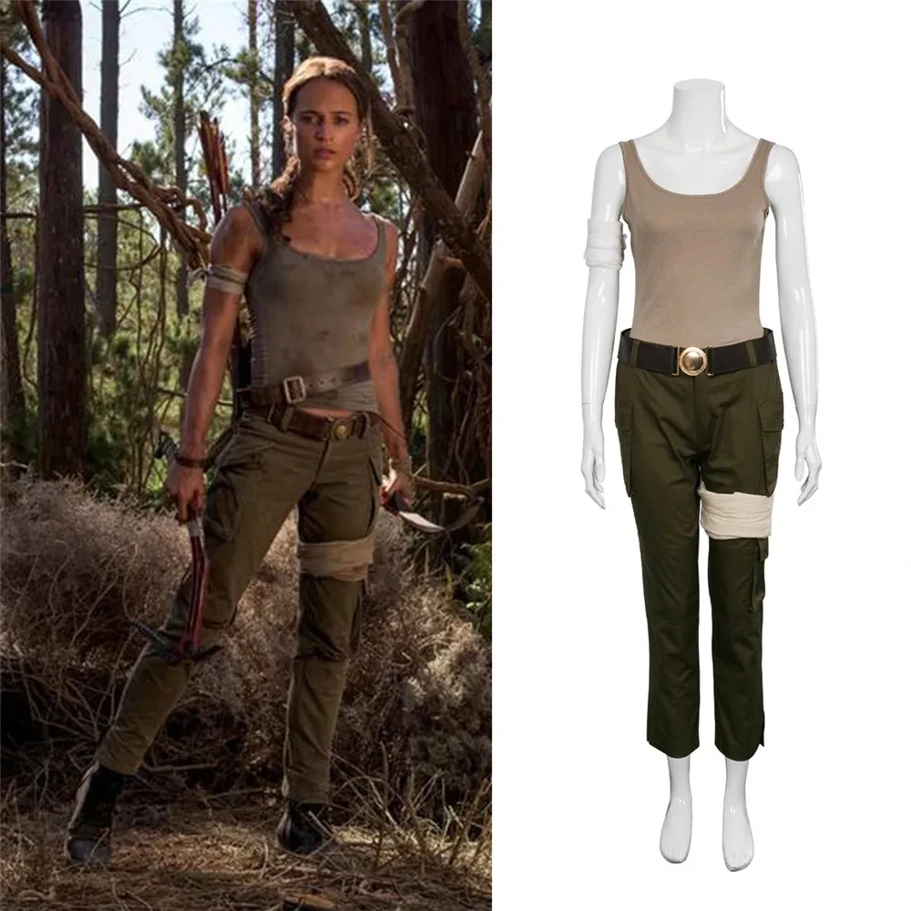 Tomb Raider Lara Croft Cosplay Costume Women Halloween Party Fancy Dress Shirt Pants Belt, Arm Band Leg Band