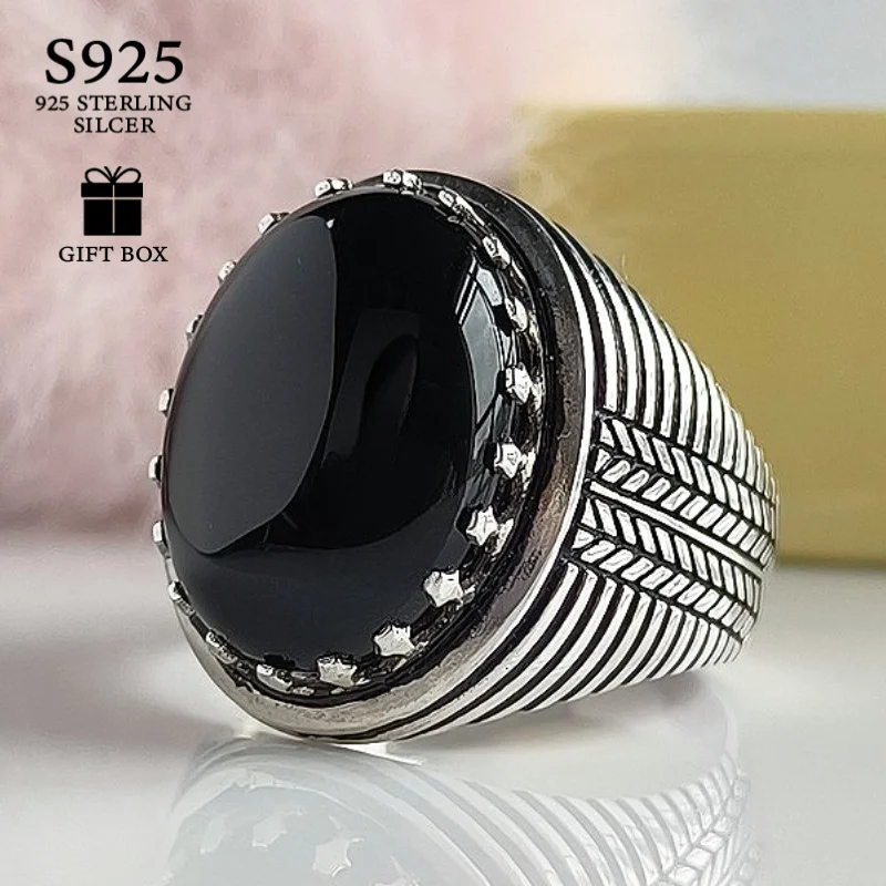 1pc 13*18mm Stylish 925 Sterling Silver Black Agate Ring Oval Shape with Wheat Grain, An Emblem of Eternal Love, A Profound Gift