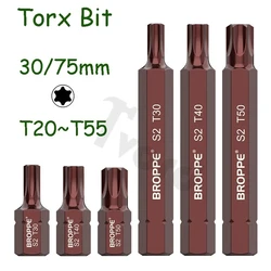 Torx Screwdriver Bit 10mm Hex Shank Magnetic 30mm 75mm Length 6 Point Screw Driver Bits Tools S2 Steel T20 T25 T30 T40 T45~T55