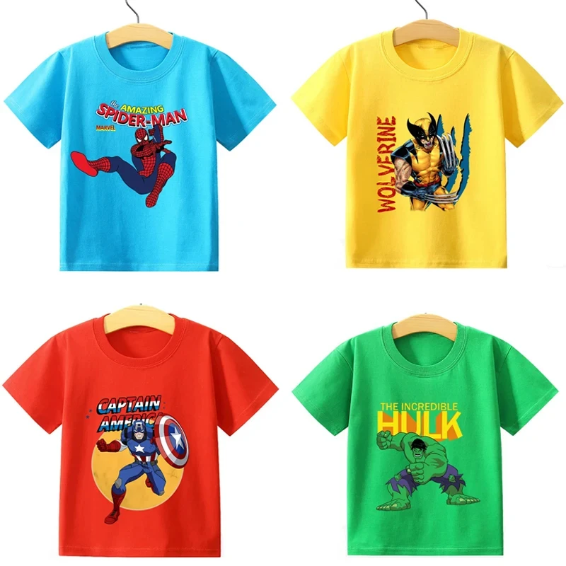 MINISO Marvels Children Cotton T Shirt Spidermans Boys Girls Clothes Wolverine Hulk Cartoon Tees Summer Tops Cute Baby Clothing