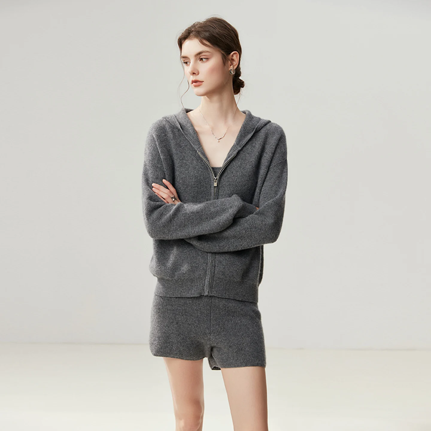 Women 100% Cashmere Sweater Waffle Zipper Hooded Cardigan Shorts Set Autumn Winter Short Pants Solid Drawstring Trousers Knitted view 5
