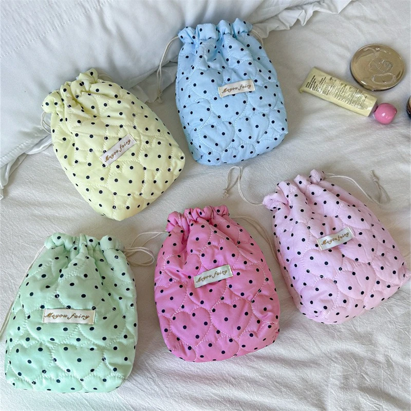 Retro Polka Dot Heart Padded Drawstring Bag Cosmetic Pouch  Skincare Storage Travel Small Accessory Bag For Women