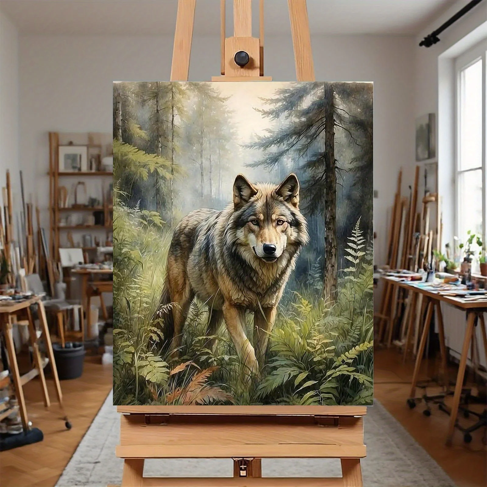 Professional Art Use: A Frameless DIY Digital Oil Painting Kit Featuring a Lone Wolf in the Forest, Showcasing the Wildness a