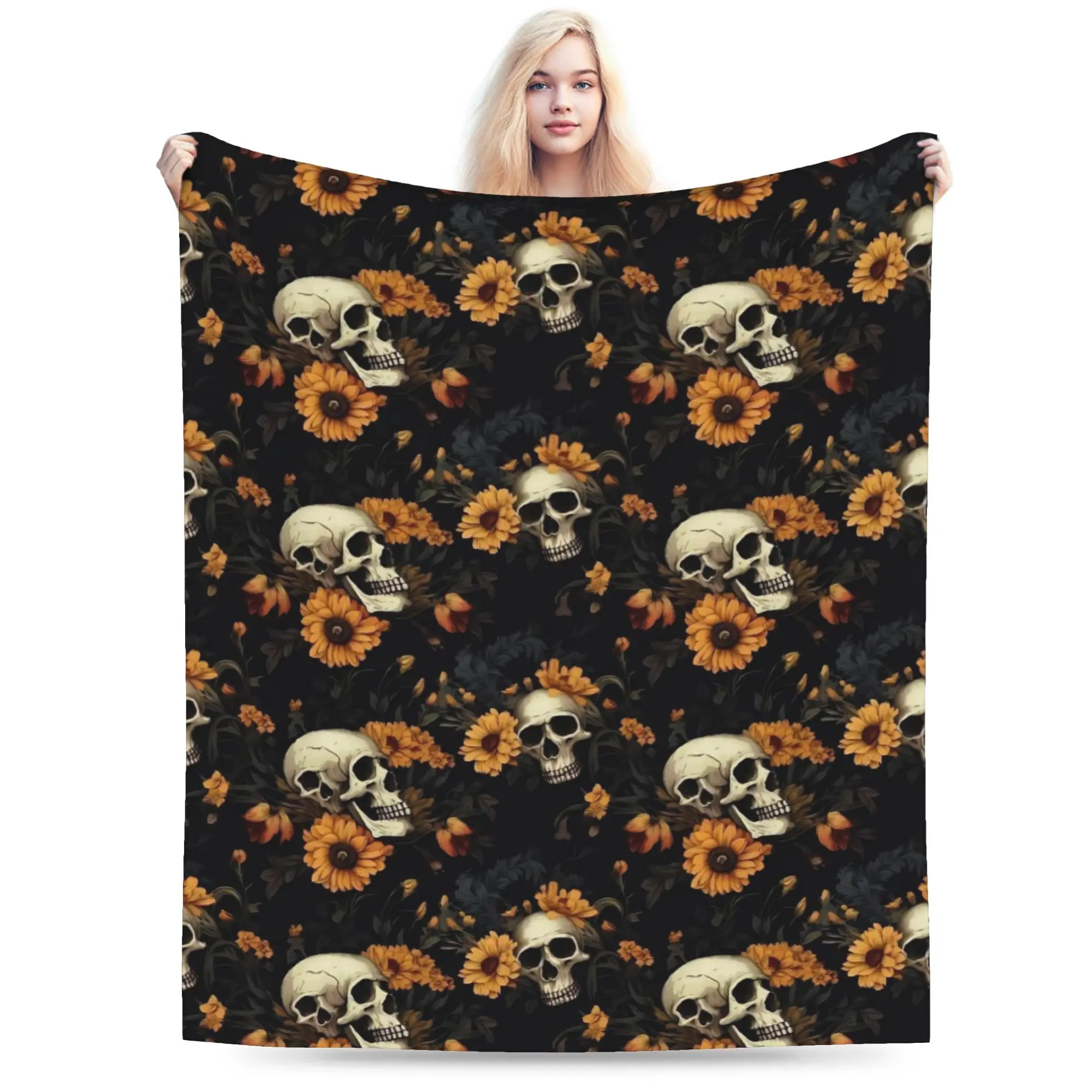 Halloween Skulls And Flowers Gothic Goth Blanket Multi-size Cozy and Lightweight  Throw Blankets for Sofa Couch and Bed