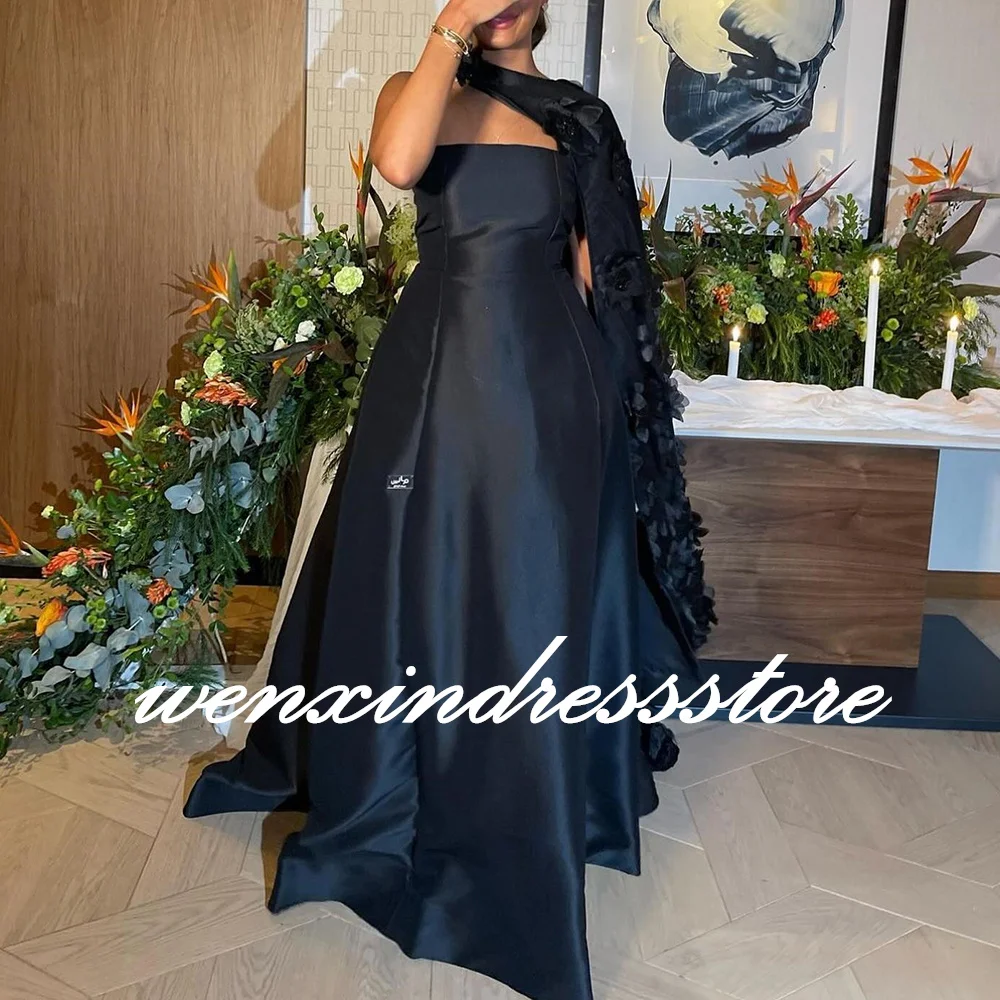 Satin Black Straight Strapless Sleeveless Floor Length Evening Dress Elegant Pleats Flowewrs Sweep Train Bespoke Occasion Gowns