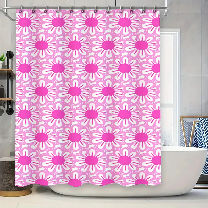 

Patterned Shower Curtain Modern Bathroom Decor Pink White Floral Design Waterproof Home Linen for Bathtub or Sink Area Easy Inst