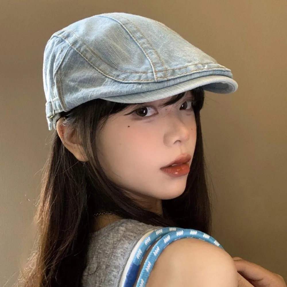 

Vintage Washed Denim Beret Y2k Visor Forward Hat Korean Style Cloth Newsboy Hat Men