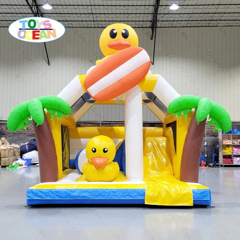 Yellow Duck Inflatable Bounce House with Slide, Tropical Beach Themed Kids Jumper for Party