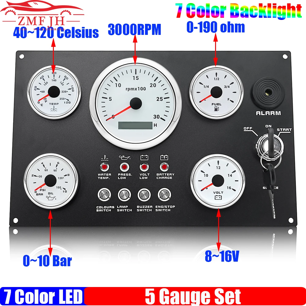 Engine Dash Instrument Panel 5 Gauge Set 7Color LED 85mm Tachometer 52mm Fuel Level Oil Press Water Temp VOLT for RV Boat Custom