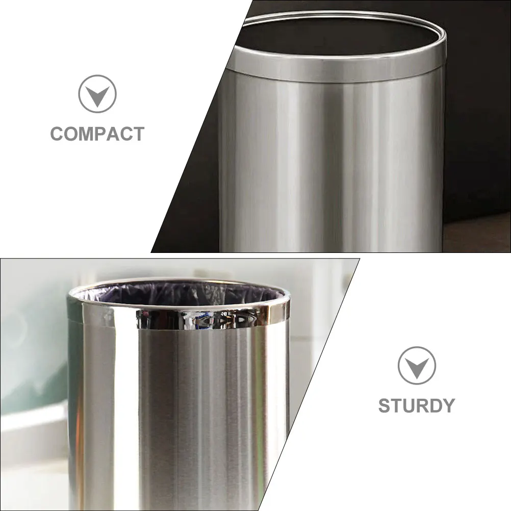 

Stainless Steel Trash Can 10L Silver No Lid Kitchen Bedroom Office Waste Basket Garbage Bin Household Use Recycling Solution