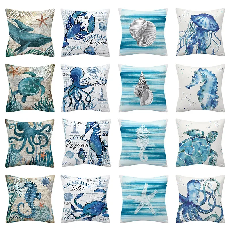 Ocean Animal Decorative Pillows Cover 45x45 Polyester Sofa Cushions Sea Turtle Shell Cushion  Home Decor Pillowcases