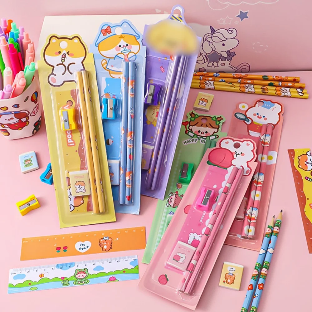 

5Pcs Cartoon Pencil Set Students School Stationery Pencils+Eraser+Ruler+Sharpener Kawaii Stationery Art Supplies Kids Prize Gift