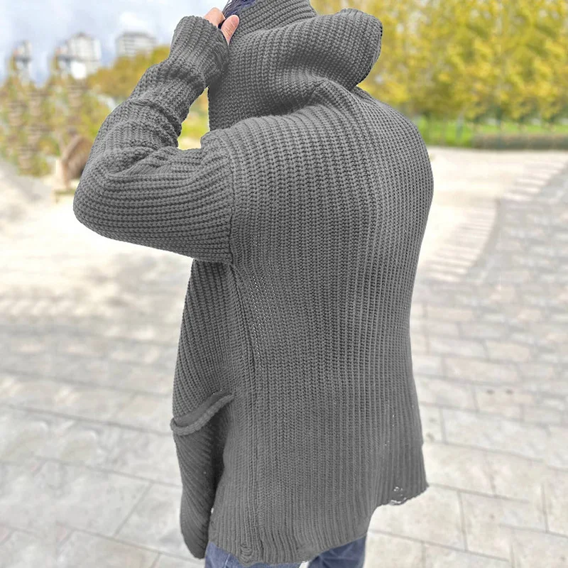 Vintage Casual Mens Knitted Cardigan Jacket Spring Autumn Lapel Pocket Hooded Knit Coats Design Trendy Outerwear Sweatercoats