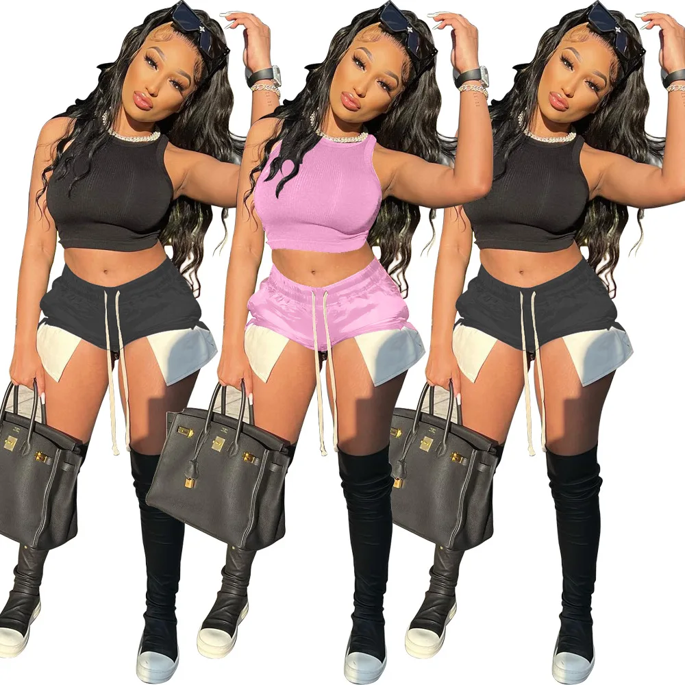 

Summer Tank Tracksuit Women Sexy O Neck Sleeveless Crop Top Drawstring Pockets Mini Shorts Club Two Piece Set Outfits Streetwear