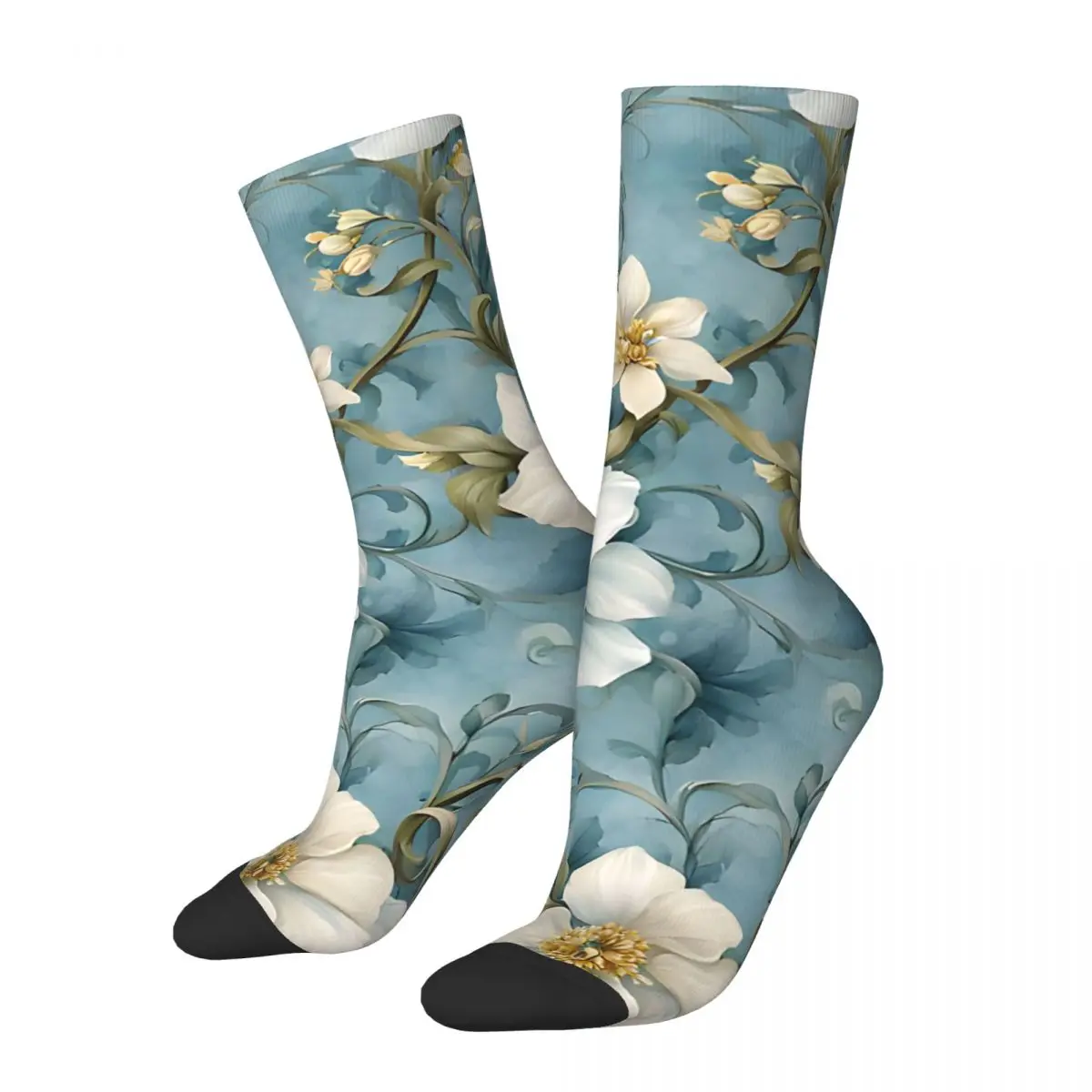 Blue And White Floral Pattern Men's Socks Vintage Harajuku Street Style Novelty Seamless Crew Sock