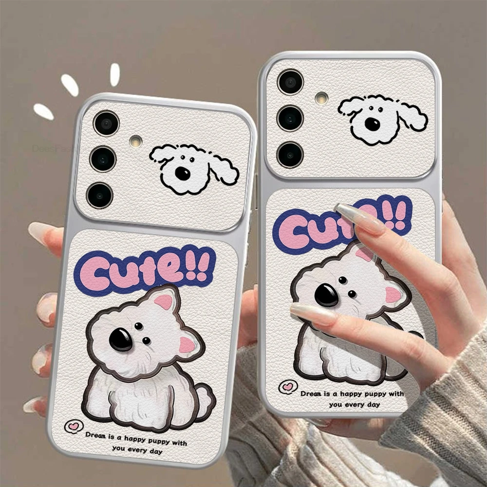 Phone Case For Samsung Galaxy A17 A37 A57 A27 A07 A55 A36 A56 S24 S25 FE S23 S26 Ultra Plus Leather Cute Cartoon Dog Soft Cover
